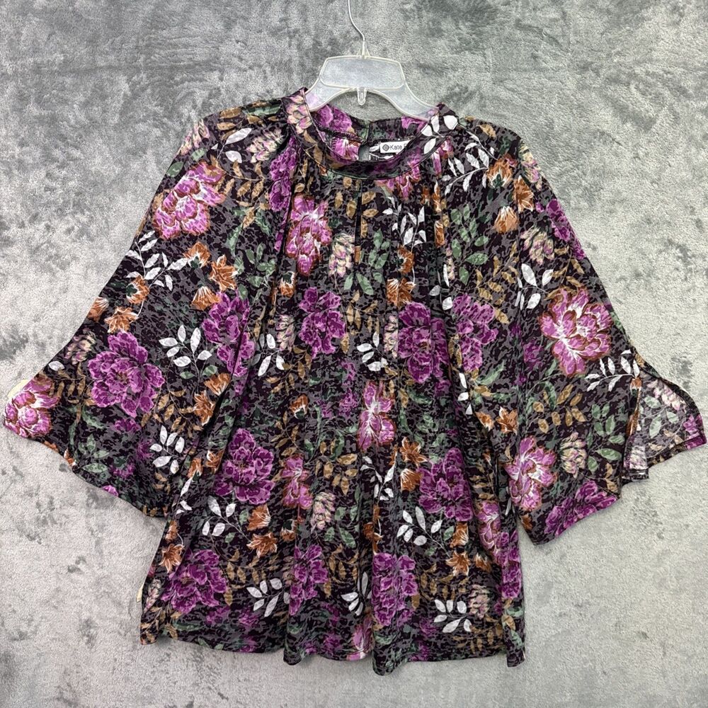 Kate Park 3X tunic pink floral boho mock neck split sleeve rayon blend
